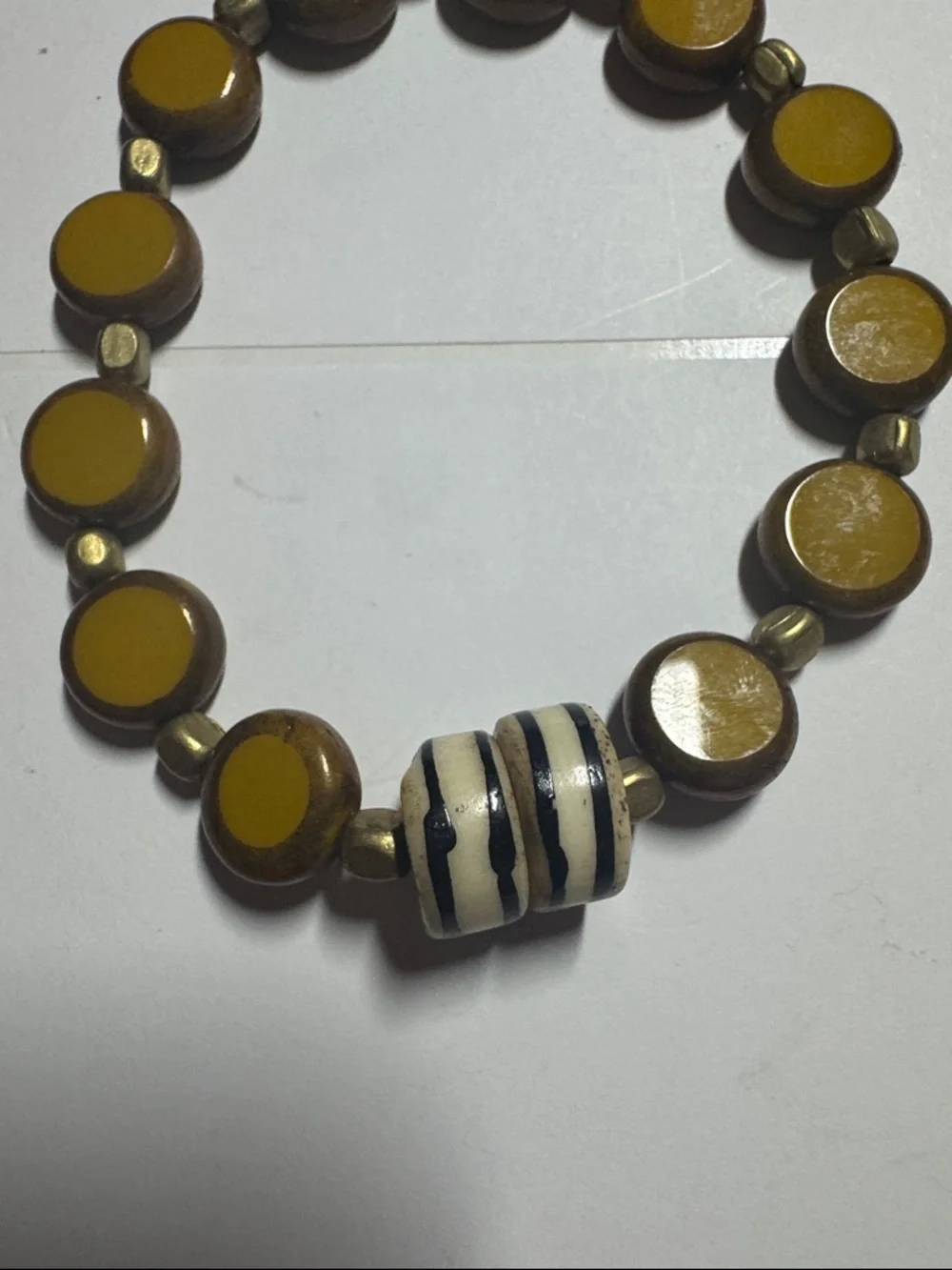 Handmade Mustard Yellow Beaded Stretch Bracelet with Striped Accent